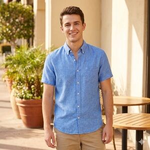 J.Crew 100% Linen Slim Shirt L Blue Short Sleeve Button-Down Chambray